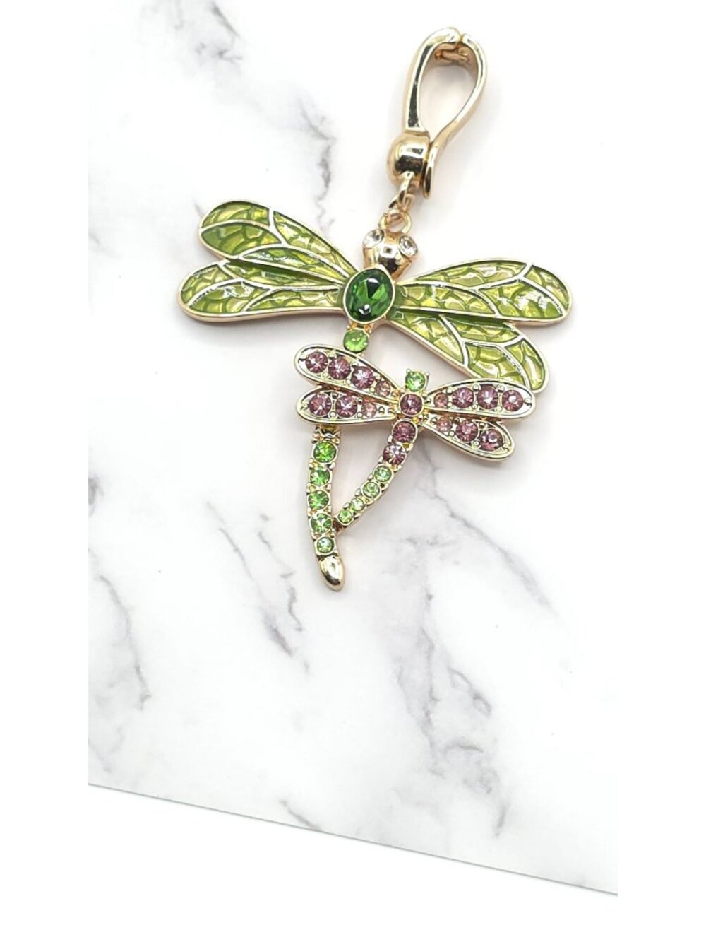 Dragonfly Pendant Charm With Green & Pink Crystals Gold-Tone Finish Lobster Clas - Picture 9 of 11